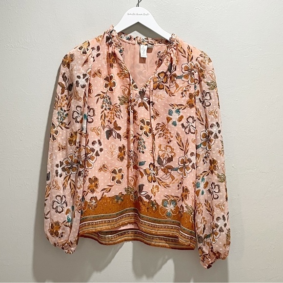 JOIE Women’s Peach Floral Clip Dot V-Neck Peasant Top Chiffon Lined Size XS - Picture 2 of 7